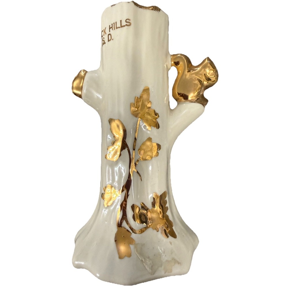 Vtg Black Hills SD 22K Gold‎ Painted 6" Tree Squirrel Shaped Vase